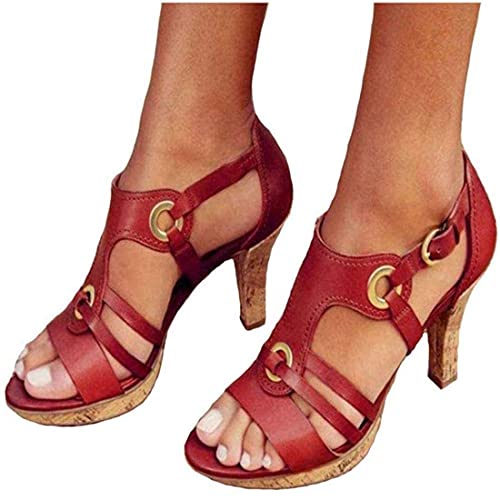 shownicer Damen Sandalen Pumps Blockabsatz High Heels Sommerschuhe Reißverschluss Sandals Party Freizeit Hochhackige Rot 39 EU von shownicer