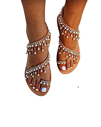 shownicer Damen Sommer Sandalen mit Strass Perlen Boho Strand Schuhe Freizeit Flach Sandalette Z2 Weiß 36 EU von shownicer