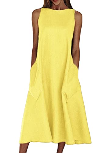 shownicer Damen Sommerkleid Casual Ärmelloses Boho Lang Kleider mit Taschen Einfarbig Rundhals Freizeitkleid Strandkleider Lose Lockeres Knielang Kleid Gelb XL von shownicer