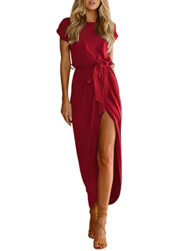 shownicer Damen Sommerkleid Hohe Taille Tunika Kleid Casual Kurzarm Rundhals Maxikleider Minikleid Elegant T-Shirt Kleider mit Schlitz Einfarbig Freizeitkleid mit Gürtel Dunkelrot L von shownicer