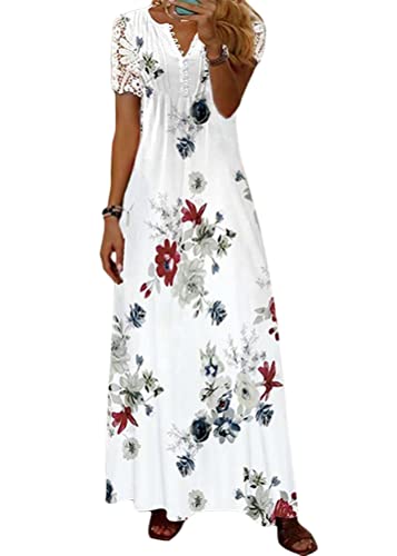 shownicer Damen Sommerkleid V Ausschnitt Floral Spitze Freizeitkleider Sommer Spitzen Strandkleid Maxi Kleider Boho Lang Lose Elegant Casual A-Linie Kleid Blumenkleid A Grau 3XL von shownicer