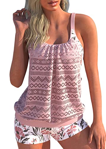 shownicer Damen Spitze Tankini Beachwear Push Up Einfarbig Zweiteilig Badeanzug Zweiteiliger Tankini Set Strand Schwimmanzug Swimsuits Bikini Tank Top und Shorts D Rosa XS von shownicer