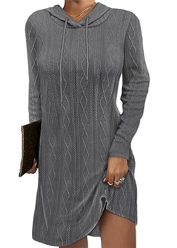 shownicer Damen Strick Pulloverkleid Elegant Rollkragen Langarm Tunika Kleid Midikleid Kapuzenkleid Wickelkleider Einfarbig Pullover Casual Lose Herbst Kleid A Grau XL von shownicer