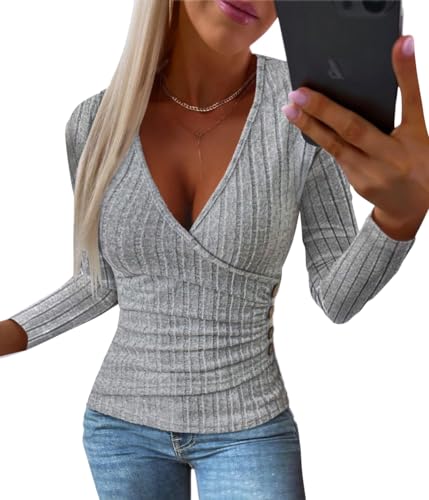 shownicer Damen Strickpullover Herbst Outfit Figurbetont Pullover Langarm Damen Sweatshirt Sexy V-Ausschnitt Elegant A Grau S von shownicer