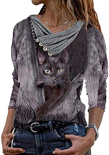 shownicer Damen Sweatshirt 3D Druck Katzen Winter Tshirt Langarm Top Mode Langarmshirt Pulli Freizeit Bluse Herbst Shirts Hemd Pullover A Grau XL von shownicer