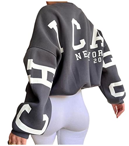 shownicer Damen Sweatshirt Rückseite Briefe Drucken Langarm Rundhals Pullover Warm Pulli Oversized Casual Bequem Teenager Mädchen Hoodie Sportbekleidung A Grau S von shownicer