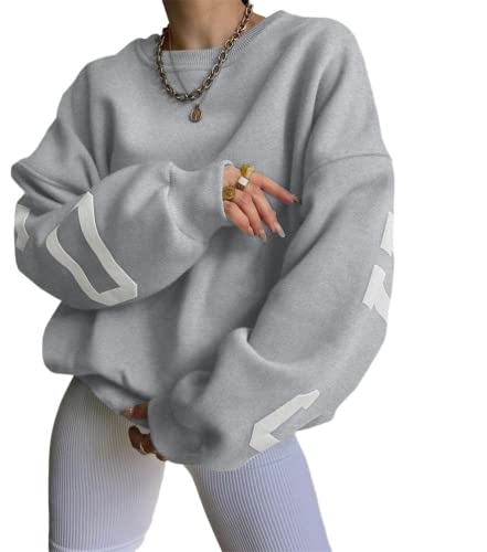 shownicer Damen Sweatshirt Rückseite Briefe Drucken Langarm Rundhals Pullover Warm Pulli Oversized Casual Bequem Teenager Mädchen Hoodie Sportbekleidung A Hellgrau M von shownicer