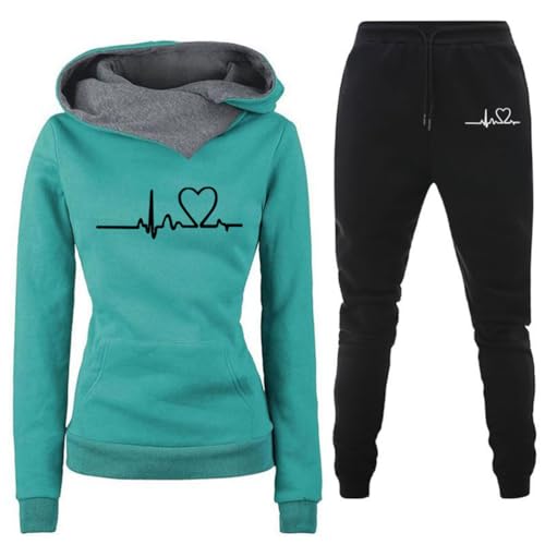 shownicer Damen Trainingsanzug Set 2-Teilig Heartbeat Print Hoodie Jogginghose Sweatshirt Hose Zweiteiler Jogginganzüge Damen Kapuzenpullover Sporthose Set Lässige Hausanzug A Grün02 M von shownicer