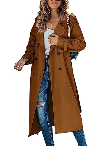 shownicer Damen Trenchcoat Elegant Mode Jacke Cardigan Zweireiher Langer Mantel Winddichter Wintermantel Windjacke Übergangsmantel mit Taschen Einfarbig Revers Damenmantel mit Knöpfen B Braun S von shownicer