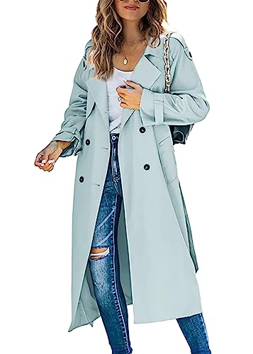 shownicer Damen Trenchcoat Elegant Mode Jacke Cardigan Zweireiher Langer Mantel Winddichter Wintermantel Windjacke Übergangsmantel mit Taschen Einfarbig Revers Damenmantel mit Knöpfen B Hellgrün XXL von shownicer