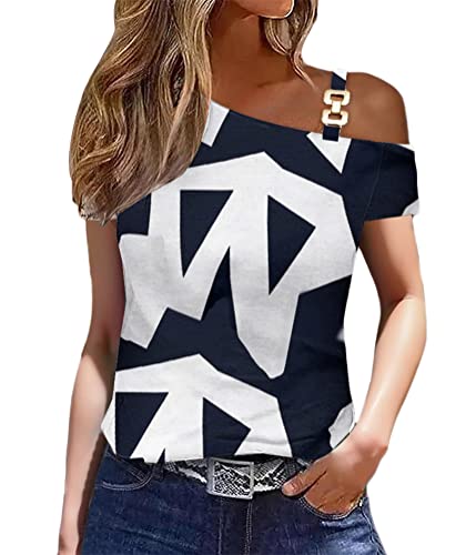 shownicer Damen Tshirt Sommer Kurzarm Shirts Oberteile Casual Tunika Tops V-Ausschnitt Einfarbige Lose Basic Tops B Marine L von shownicer