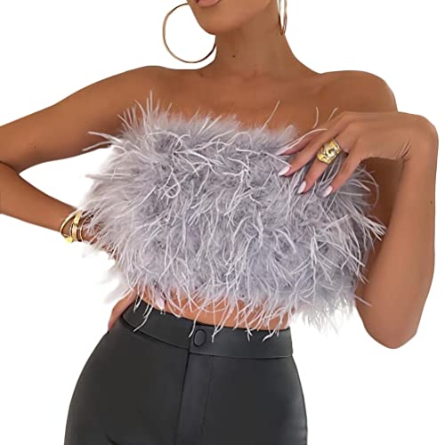 shownicer Damen Tube Top Oberteil mit Federn Sexy Reißverschluss Bandeau Ärmellos Crop Top Elegant Festliche Oberteile Hochzeit Party Club Outfit Weste A Grau S von shownicer