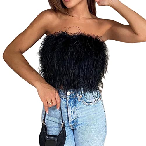 shownicer Damen Tube Top Oberteil mit Federn Sexy Reißverschluss Bandeau Ärmellos Crop Top Elegant Festliche Oberteile Hochzeit Party Club Outfit Weste A Schwarz XS von shownicer