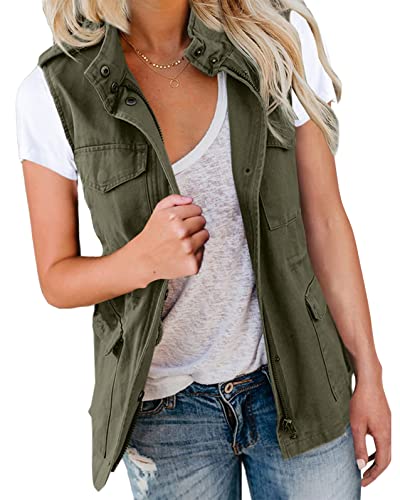 shownicer Damen Übergangsjacke Sommer Weste Stehkragen Mehr Taschen Utility Jacket Ärmellose Jacke Leicht Sommerjacke Boyfriend Parka Reißverschluss A Armeegrün XXL von shownicer