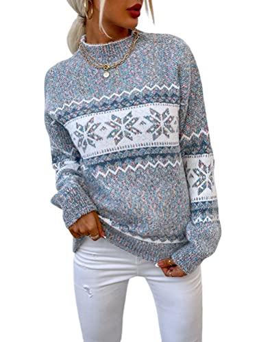 shownicer Damen Weihnachtspullover mit kleinem Stehkragen Christmas Pullover Warm Strickpullover mit Streifen Schneeflocken Winter Pullis für Frauen Langarm Mädchen Weihnachtspulli A Grau XL von shownicer