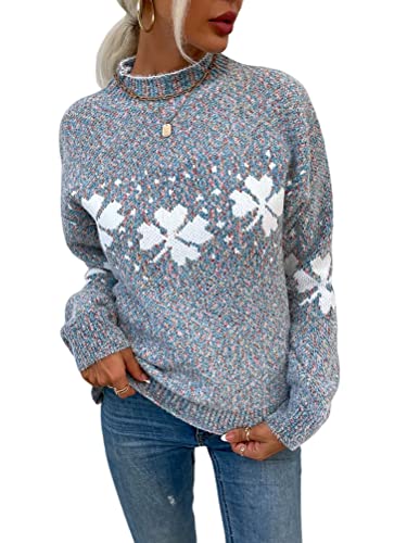 shownicer Damen Weihnachtspullover mit kleinem Stehkragen Christmas Pullover Warm Strickpullover mit Streifen Schneeflocken Winter Pullis für Frauen Langarm Mädchen Weihnachtspulli B Dunkelgrau XL von shownicer