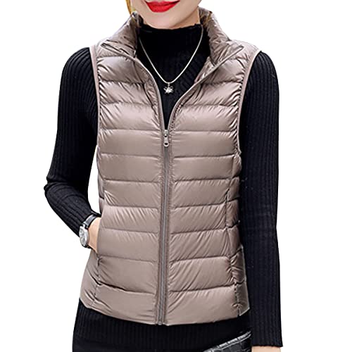 shownicer Damen Weste Kurze Ärmellose Jacke Warme Steppweste mit Kapuze Daunenweste Winter Frühling Stehkragen Gesteppt Leicht Daunenjacke Steppjacke Wintermantel A Khaki 3XL von shownicer