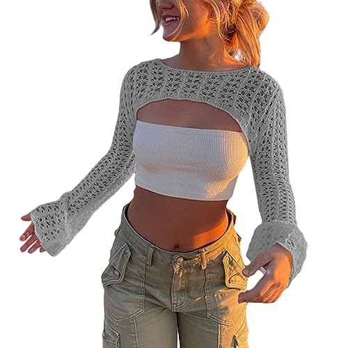 shownicer Damen Y2K Crochet Pullover Langarm Crop Tops Aushöhlen Cover Up Einfarbig 90er Streetwear Gothic Punk Strickoberteil Zerrissene Strickpullover Lose Oberteile A Grau S von shownicer