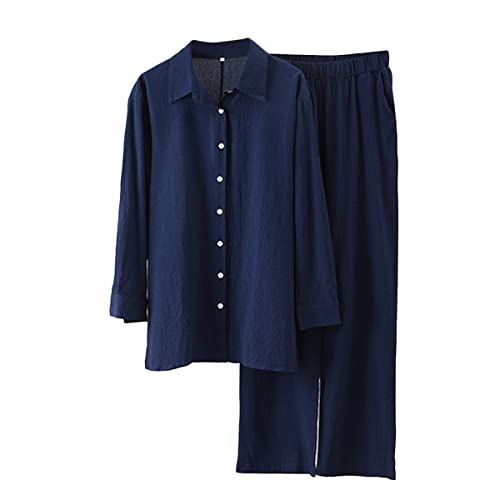 shownicer Damen Zweiteiler Sommer Leinen Set Elegant Hosenanzug Button Down Langarmshirt Langarm Revers Bluse + Weites Bein Hose Outfit Casual Loungewear Streetwear B Marine 3XL von shownicer