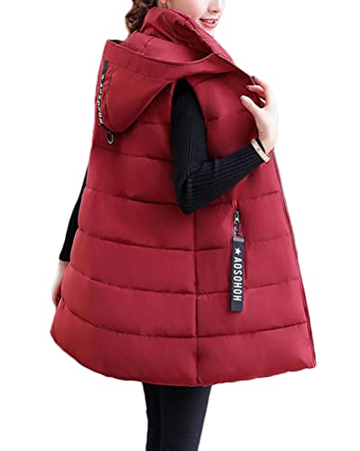 shownicer Daunenweste Damen Lang Wintermantel Vest mit Kapuze Ärmellose Warmer Daunenmantel mit Taschen Steppweste Daunenjacke Steppjacke Outdoor Weste C Weinrot L von shownicer