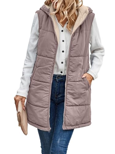 shownicer Daunenweste Damen Lange Steppweste Mit Kapuze Ärmellose Fleece Gefüttert Winter Schlanke Weste Jacke Mädchen Outdoor-Büro Warme Plüsch Wintermantel üBergangsweste A Violett L von shownicer