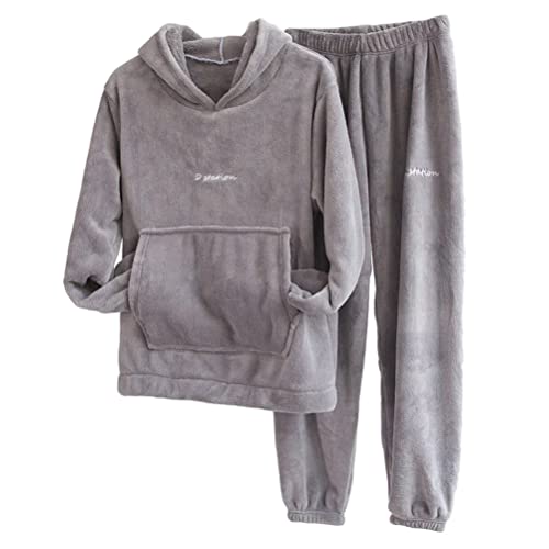 shownicer Fleece Schlafanzug Damen Lang Velours Pyjama Set Hausanzug Damen Winter Fleece Warm Schlafanzüge Lange Freizeitanzug Damen A Grau XL von shownicer