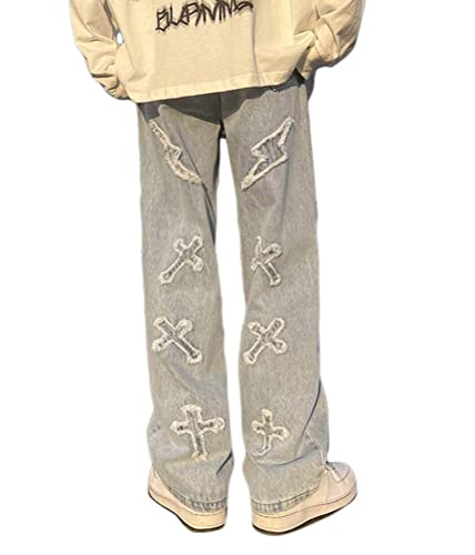 shownicer Herren Hip Hop Jeans Baggy Straight Leg Gewaschen Jeanshose Casual Denim Hosen Vintage Bedruckte Jeans Teenager Jungen Skateboard Hose Streetwear A Blau S von shownicer