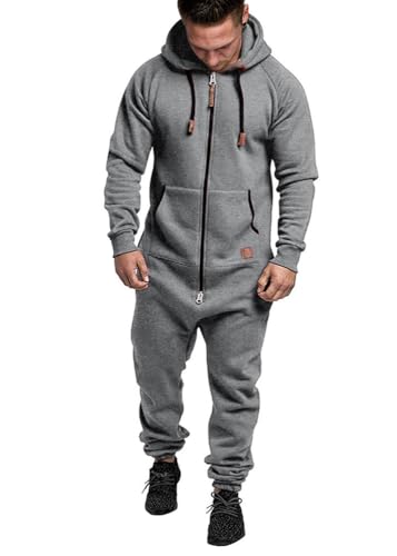 shownicer Herren Jumpsuit Overall Jogging Anzug Trainingsanzug Einteiler Overall Hausanzug Jogger Sportanzug Baumwolle Warm Jumpsuit mit Kapuze A Hellgrau L von shownicer