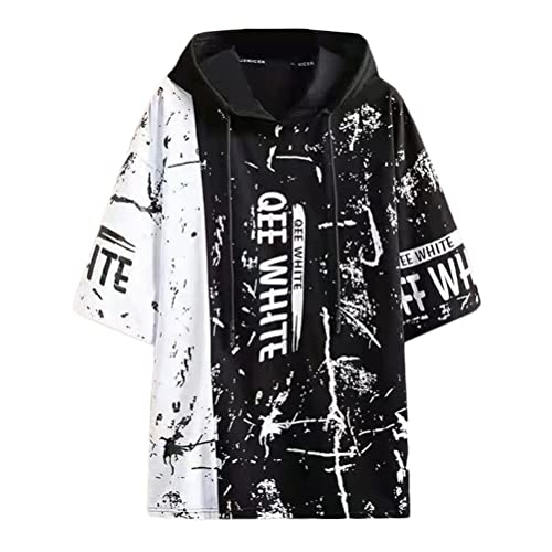 shownicer Herren Kurzarm Hoodie Techwear Hip Hop Hoodie Kapuze T Shirt Kurzarmshirt Sommer Kapuzenpullover Patchwork Hoodie Basic Sweatshirt Japanischer Streetwear Urban Jumper Schwarz 3XL von shownicer