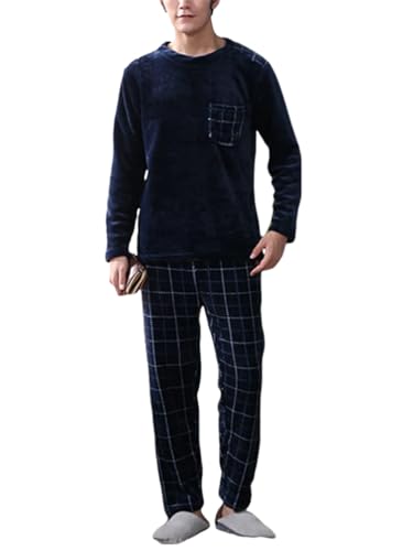 shownicer Herren Pyjama Set Winter Zweiteiliger Männer Fleece Schlafanzug Warm Sleepwear Flannel Hose und Tops Langarm Nachtwäsche B Blau XS von shownicer