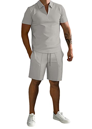 shownicer Herren Trainingsanzug Sommer 2 Teiliges Outfit Sport Kurzarm T-Shirt + Kurze Hose Sets Freizeitanzug Business Polo Hemd mit Halber Reißverschluss Zweiteiliges A Grau L von shownicer