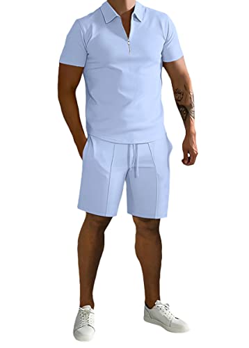 shownicer Herren Trainingsanzug Sommer 2 Teiliges Outfit Sport Kurzarm T-Shirt + Kurze Hose Sets Freizeitanzug Business Polo Hemd mit Halber Reißverschluss Zweiteiliges A Hellblau L von shownicer