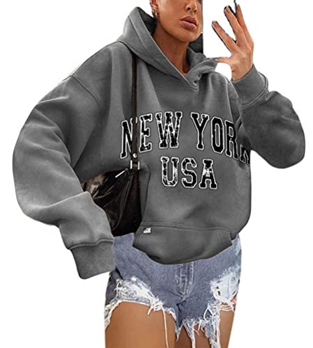 shownicer Hoodie Damen Oversize Kapuzenpullover Herbst Winter Briefe Drucken Sweatshirt Lose Casual Langarm Pullover mit Kapuze Sport Outerwear Teenager Mädchen Sportbekleidung D Dunkelgrau M von shownicer