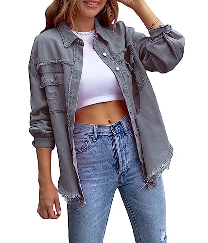 shownicer Jeansjacke Damen Jeans Jacke Langarm Vintage Jean Mantel Einfarbig Denim Jacken Kurze Jeansjacke Leichte Jacken Mantel Outwear Vintage Streetwear A Grau XL von shownicer