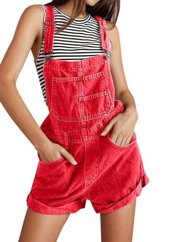 shownicer Jeanslatzhose Damen Latzhose Jeans Kurz Hose Denim Overall Jumpsuit Playsuit Jeans Vintage Loose Fit Hoseanzug Romper A Rot XXL von shownicer