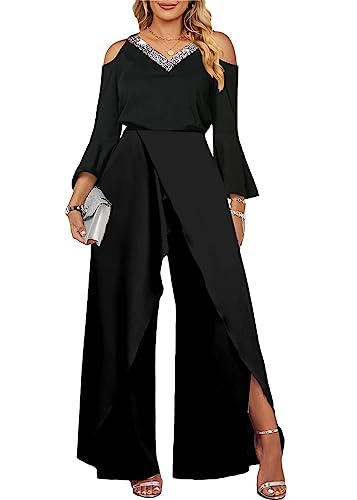 shownicer Jumpsuit Festlich Hochzeit Damen Lang Weites Bein Elegant Overall Spitze Ärmel Hosenanzug Playsuit Romper H Schwarz M von shownicer