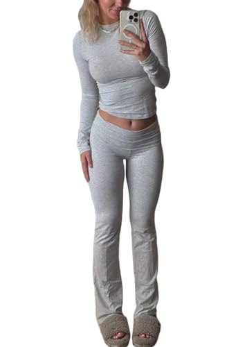 shownicer Lounge Set Langärmeliges Crop Top für Damen und Schmal Geschnittene Lange Hosen Yoga Trainingsanzug Zweiteiler Outfit Pyjama Loungewear Schlafanzug Hausanzug A Grau L von shownicer