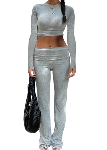 shownicer Lounge Set Langärmeliges Crop Top für Damen und Schmal Geschnittene Lange Hosen Yoga Trainingsanzug Zweiteiler Outfit Pyjama Loungewear Schlafanzug Hausanzug D Grau S von shownicer