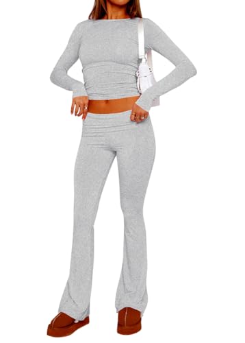 shownicer Lounge Set Langärmeliges Crop Top für Damen und Schmal Geschnittene Lange Hosen Yoga Trainingsanzug Zweiteiler Outfit Pyjama Loungewear Schlafanzug Hausanzug E Grau S von shownicer