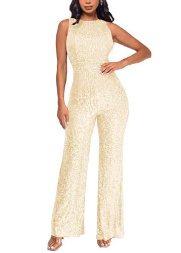 shownicer Overall Damen Jumpsuit V-Ausschnitt Ärmellos Elegant Bodysuit mit Gürtel Pailletten Eng Einteiler Hohe Taille Playsuit A Aprikose L von shownicer