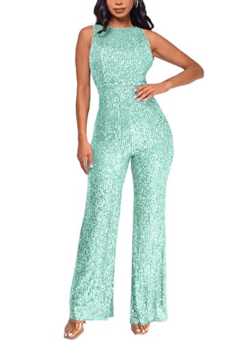 shownicer Overall Damen Jumpsuit V-Ausschnitt Ärmellos Elegant Bodysuit mit Gürtel Pailletten Eng Einteiler Hohe Taille Playsuit A Grün L von shownicer