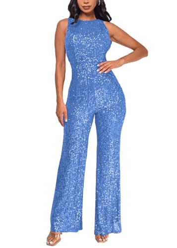 shownicer Overall Damen Jumpsuit V-Ausschnitt Ärmellos Elegant Bodysuit mit Gürtel Pailletten Eng Einteiler Hohe Taille Playsuit A Hellblau L von shownicer