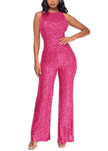 shownicer Overall Damen Jumpsuit V-Ausschnitt Ärmellos Elegant Bodysuit mit Gürtel Pailletten Eng Einteiler Hohe Taille Playsuit A Rose Rot L von shownicer