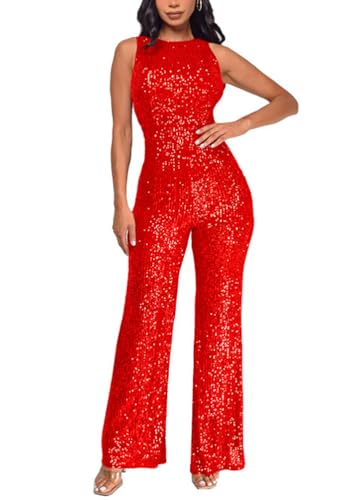 shownicer Overall Damen Jumpsuit V-Ausschnitt Ärmellos Elegant Bodysuit mit Gürtel Pailletten Eng Einteiler Hohe Taille Playsuit A Rot L von shownicer