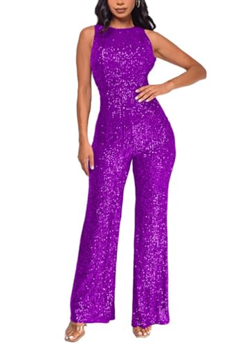 shownicer Overall Damen Jumpsuit V-Ausschnitt Ärmellos Elegant Bodysuit mit Gürtel Pailletten Eng Einteiler Hohe Taille Playsuit A Violett L von shownicer