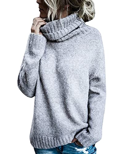 shownicer Pullover Damen Elegant Winter Rollkragenpullover Strickpullover Grobstrickpullover Casual Lose Langarm Pulli Oberteile Grau L von shownicer