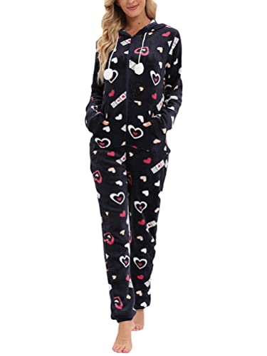 shownicer Pyjama Damen Weihnachten Einteiler Jumpsuit Onesie Schlafoveralls mit Kapuze Kuscheliges Schlafanzug Große Größen Langarm Strampler mit Reißverschluss für Frauen Mädchen D Rosa XL von shownicer