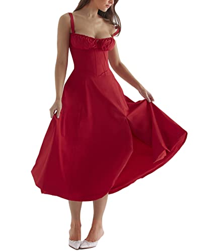 shownicer Sommerkleid Drucken Sommer Strand Korsett Kleid Spaghettiträger ärmellose Geteilte Lange Kleider für Frauen A Rot XXL von shownicer