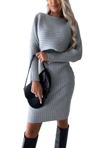 shownicer Strickkleid Damen Zweiteiliger Anzug Langarm Pullover Oberteil und Kleid Bodycon 2 Stück Set Hohe Elastizität Sweater Midikleid Pullikleid Gestrickt Kleid Set A Grau L von shownicer