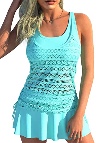 shownicer Tankini Set Damen Zweiteilig Badeanzug Push Up Bademoden Bauchweg Tankini Set Drucken Oberteile Und Badeshorts Beachwear Strand Schwimmanzug Tankinis Mit Rock A Grün L von shownicer